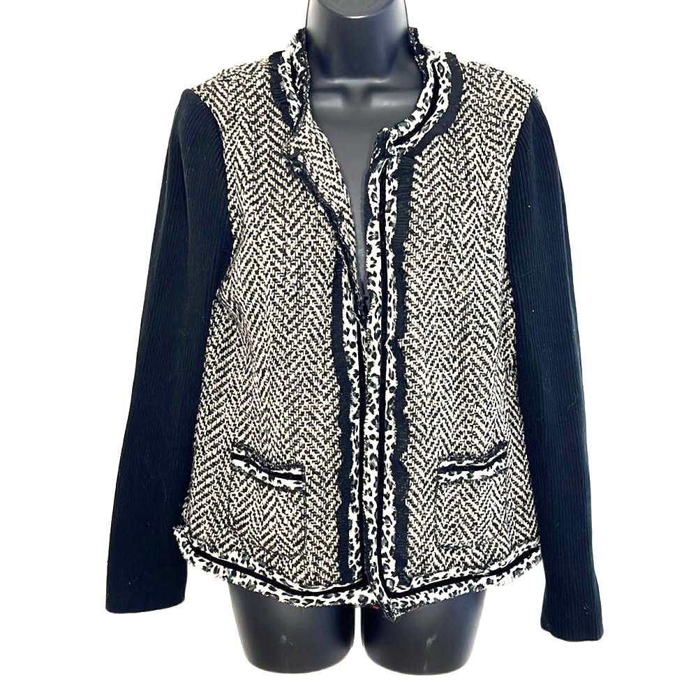 Chico’s Animal Print Tweed Chevron Bone Wool Blend Cardigan Black White Medium